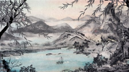 唯美中国复古古风水墨画风景画中国水墨插画
