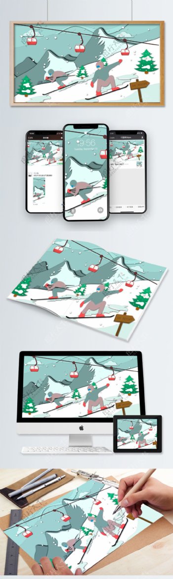 滑雪卡通矢量剪纸插画