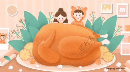 清新感恩节男孩女孩与火鸡插画