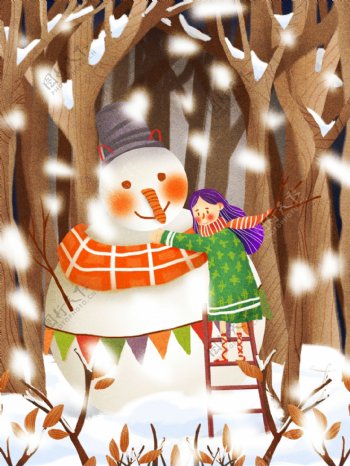 12月你好少女堆雪人围巾树林下雪飘雪