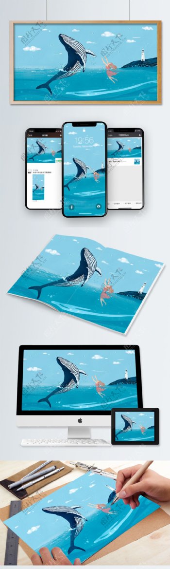 海蓝时见鲸治愈插画女孩与鲸