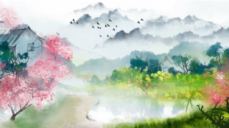 唯美古典中国水彩画水墨画插画