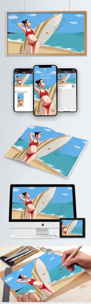 夏季在海边抱着冲浪板的比基尼美女插画海报