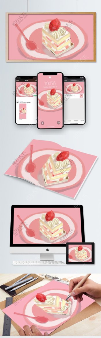 甜品草莓奶油蛋糕原创插画