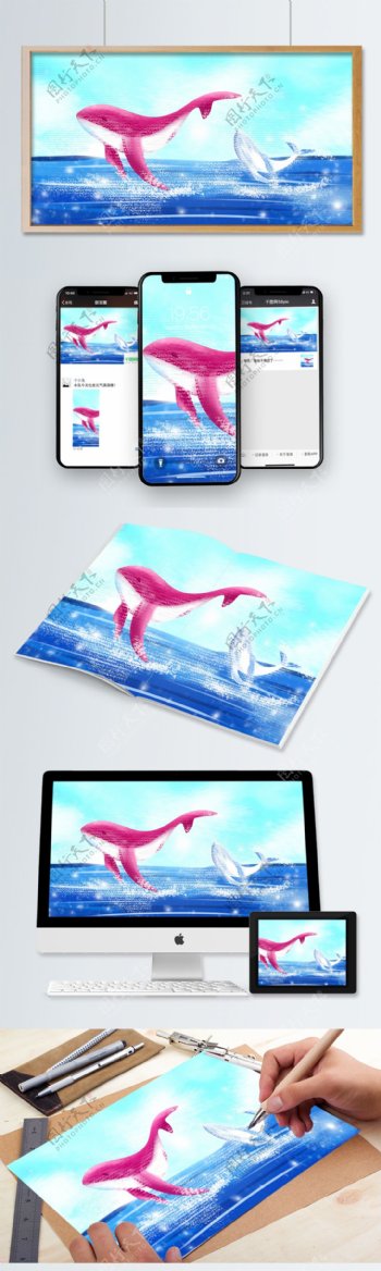 大海与鲸鱼跳跃插图插画
