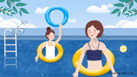 清新暑假生活游泳女孩插画