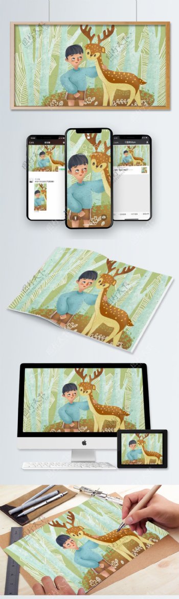森林与鹿男孩和小鹿玩耍商业插画