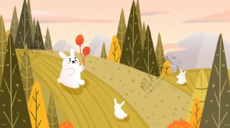 秋天场景小白兔玩气球秋分季节山坡上树木