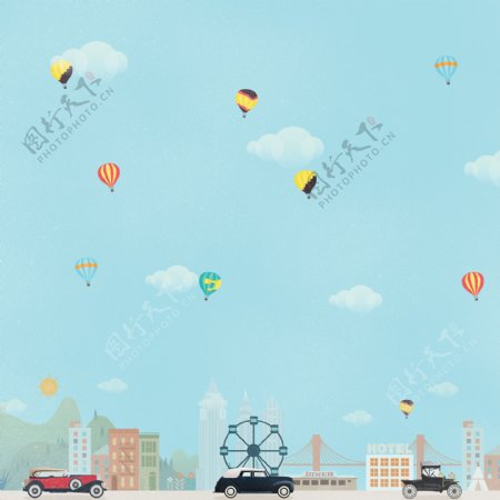 卡通城市热气球背景