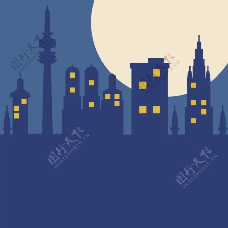 手绘夜晚月亮城市背景