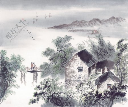 山村风景中式国画