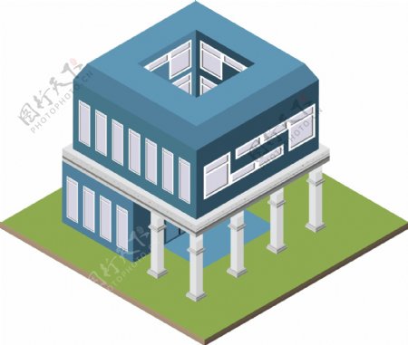 2.5D蓝色平顶房屋建筑AI素材可商用