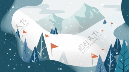 手绘滑雪场景剪纸风树林彩旗背景素材