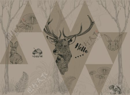 抽象创意麋鹿树枝北欧装饰画