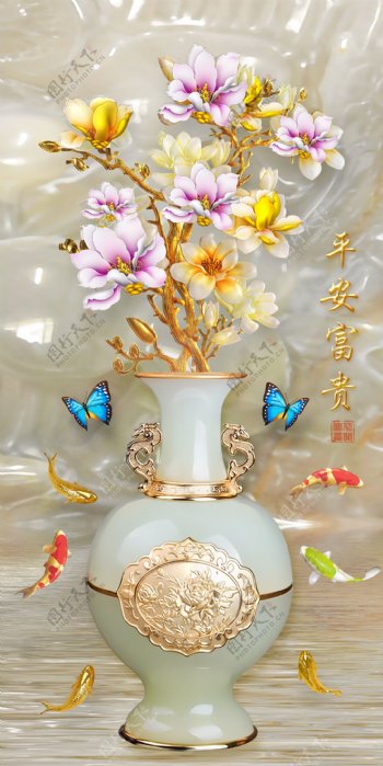 中式传统玄关花鸟植物画