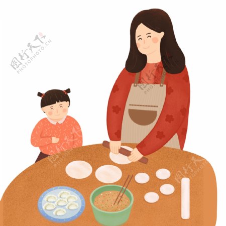 手绘过年包饺子的母女俩