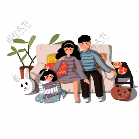 卡通小清新沙发上的一家人