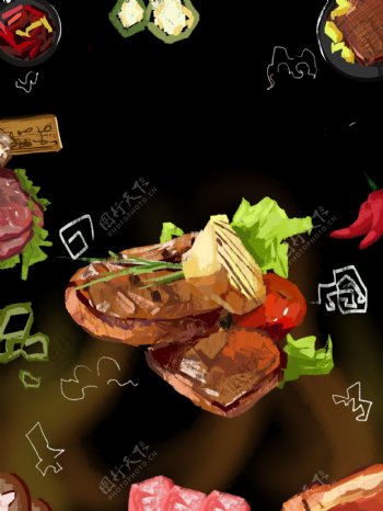 手绘美味烤肉插画背景图