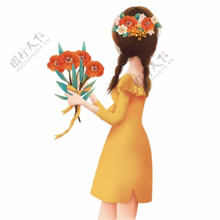 手绘手拿鲜花的女人