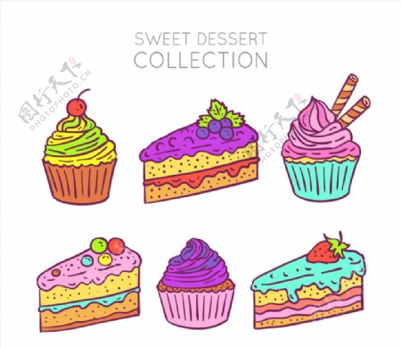 6款彩色手绘甜点设计矢量素材