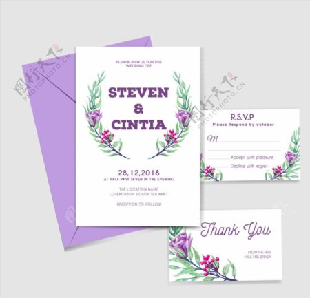 紫色花卉婚礼邀请卡和信封