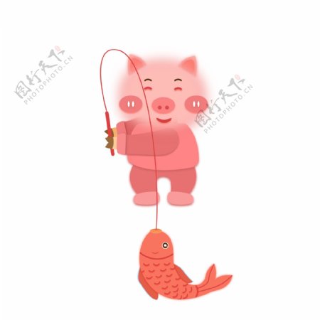 卡通剪纸风钓鱼的猪