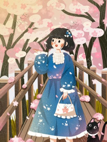 日本樱花节樱花季走廊上的女孩猫咪温馨浪漫