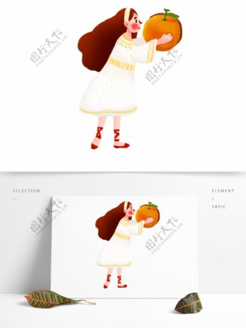 手绘拿着橘子的女孩插画人物