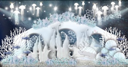 海洋洞穴雪白粉蓝海浪水母贝壳山婚礼效果图