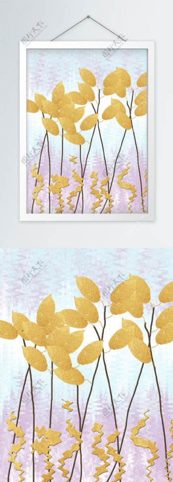 简约手绘黄金树叶客厅装饰画