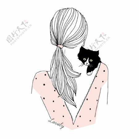 女孩和小猫的背影