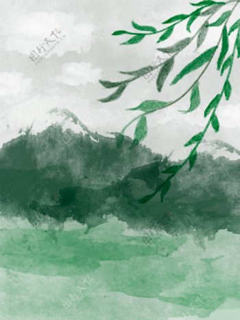 全原创二十四节气春分绿色柳叶水墨背景
