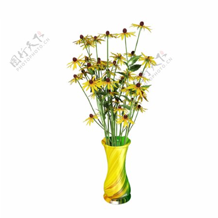 植物类通用元素花瓶插花黄色野花PSD