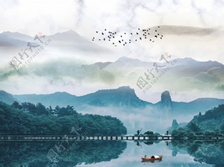 新中式意境水墨山水背景墙装饰