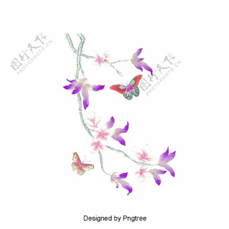 紫花绿叶蝴蝶图案材料
