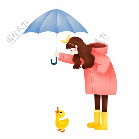 雨天打伞的少女和小鸭子png元素