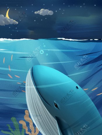 大气蓝色梦幻鲸鱼插画背景