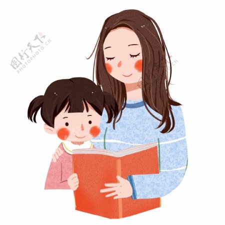 手绘小清新一起阅读的母女俩