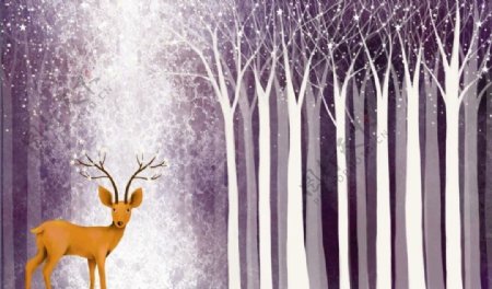 紫色梦幻树林小鹿