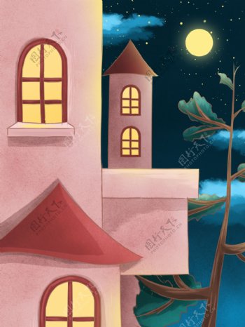 彩绘卡通房子晚安背景设计