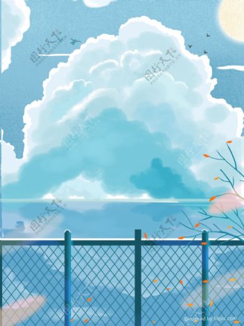 彩绘蓝色白云湖面栅栏背景设计