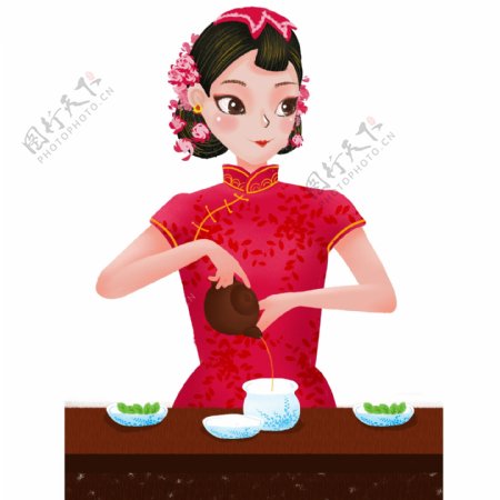 国民风穿旗袍优雅冲茶的女子