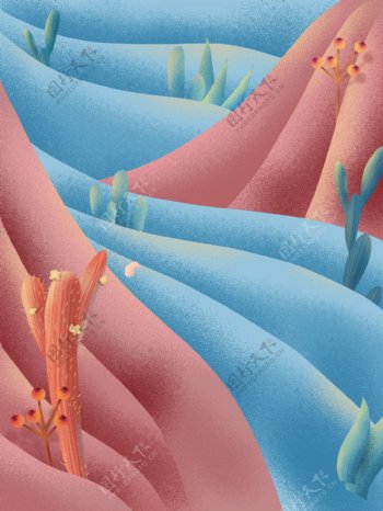手绘粉蓝色沙漠植物背景设计