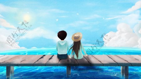 唯美清新夏季酷暑海边女孩观海创意插画