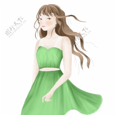 手绘清新穿着绿色裙子的少女