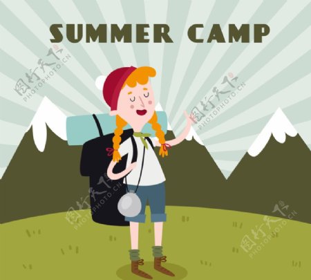 创意夏季野营的背包女子