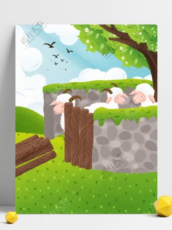 手绘绿色春季亡羊补牢故事背景设计