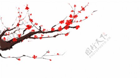 手绘中国风艳红梅花免扣元素