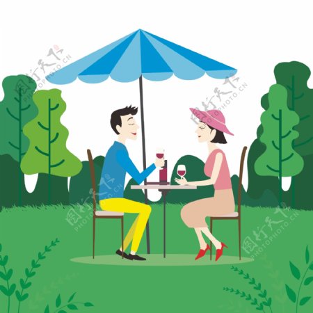 手绘室外野餐的小情侣矢量免抠图