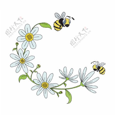 手绘卡通白色花蜜蜂矢量素材